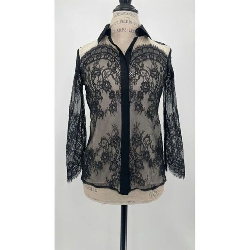 TIBI Black Sheer Lace See-through Button-down Blouse US 0